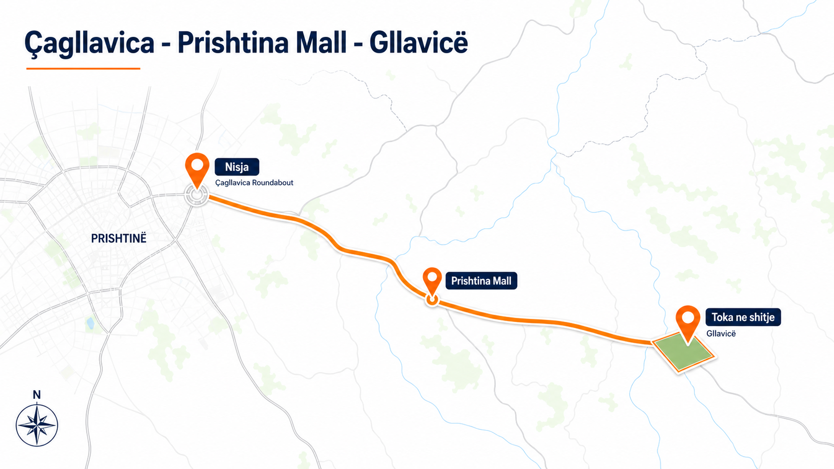 Harta e rrugës nga Çagllavica përmes Prishtina Mall deri te toka në Gllavicë